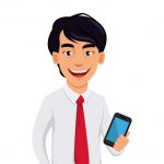 Asian business man, concept of cartoon character in office style clothes. Handsome businessman holds smartphone. Vector illustration on white background.